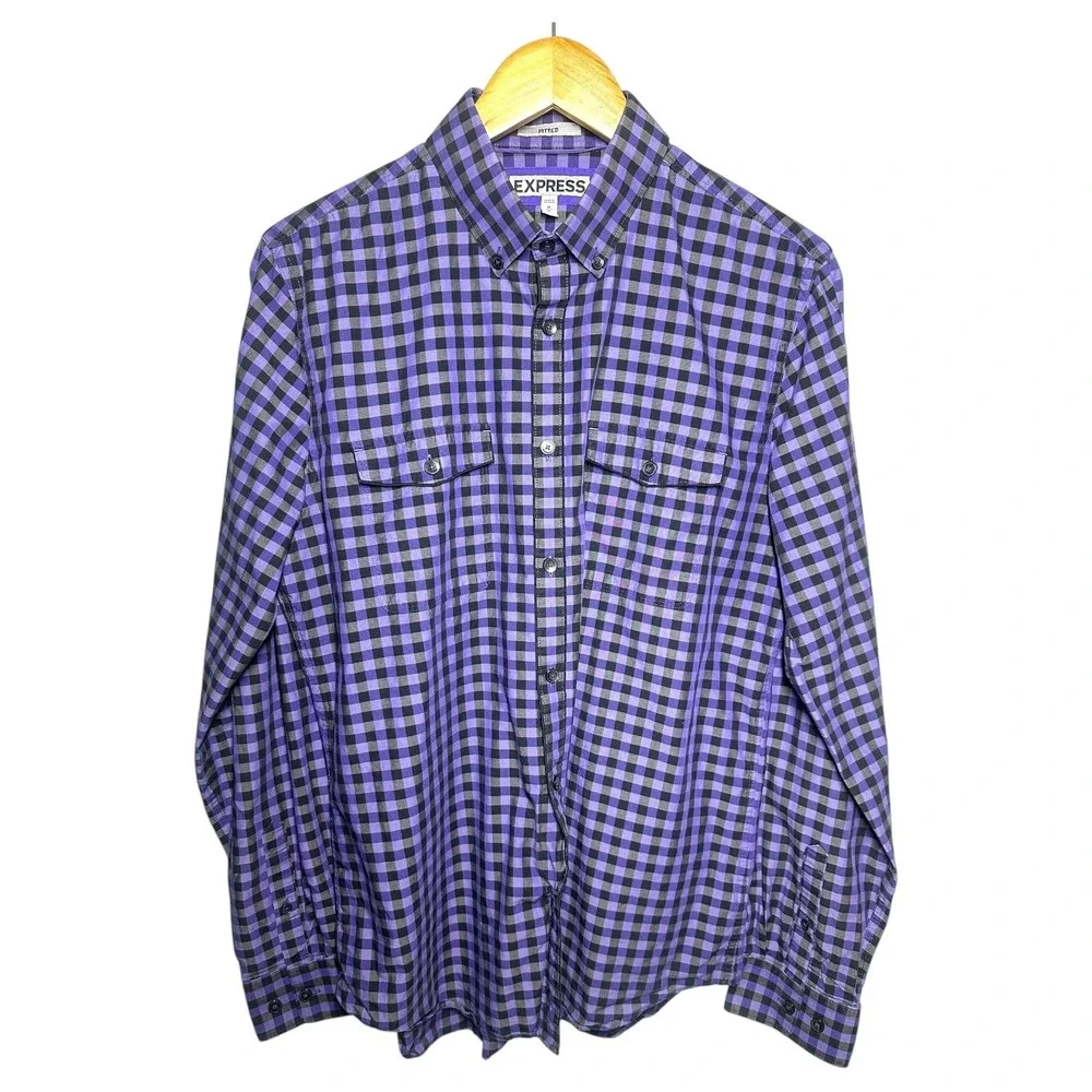 Express Mens Fitted Gingham Check Button Down Long‎ Sleeve Shirt Size M